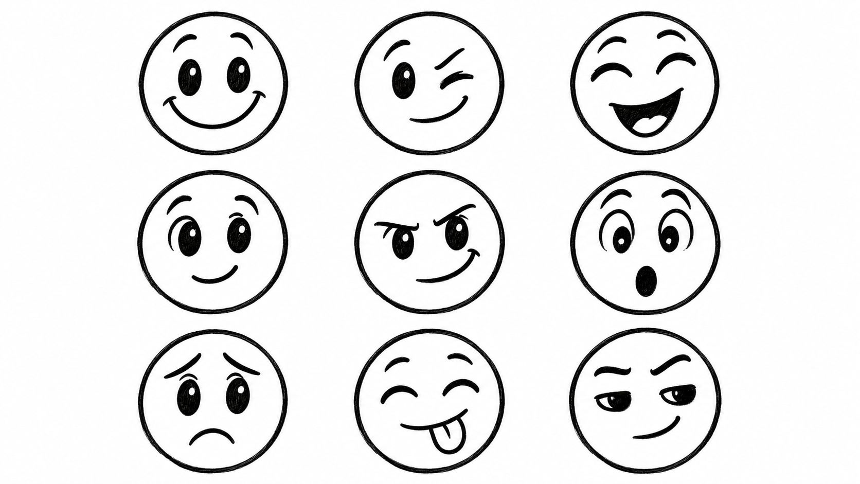 A collection of nine simple hand-drawn emojis displaying various facial expressions on a white background.