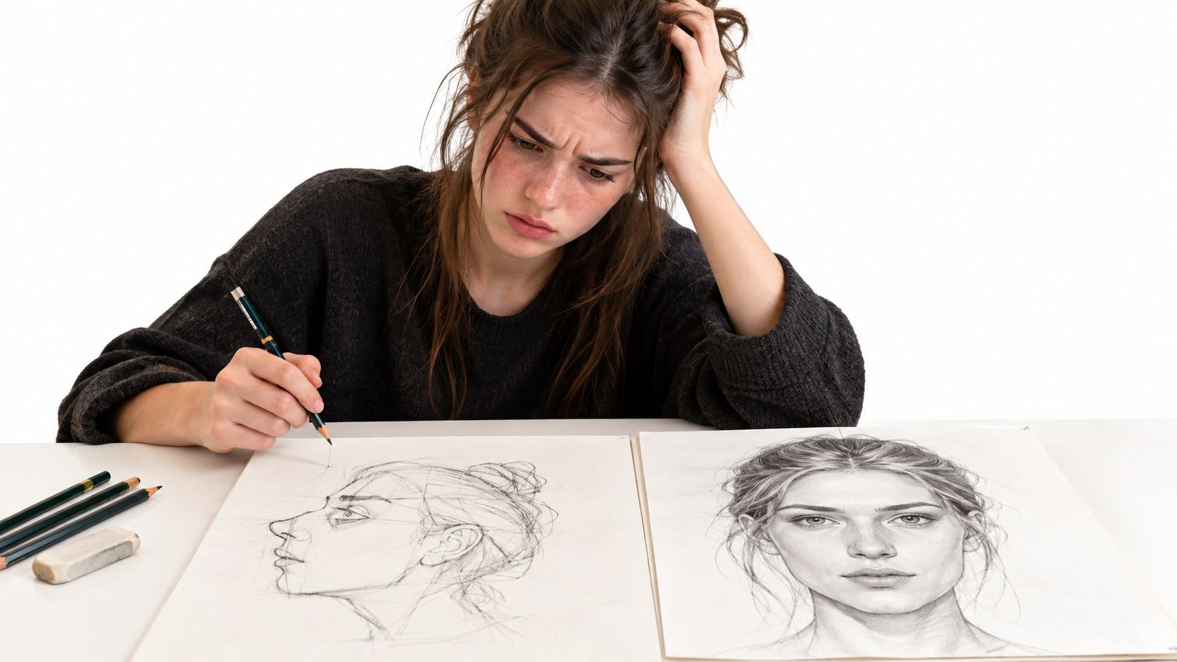 A frustrated young artist sketching a profile drawing on paper while looking at a completed portrait drawing.