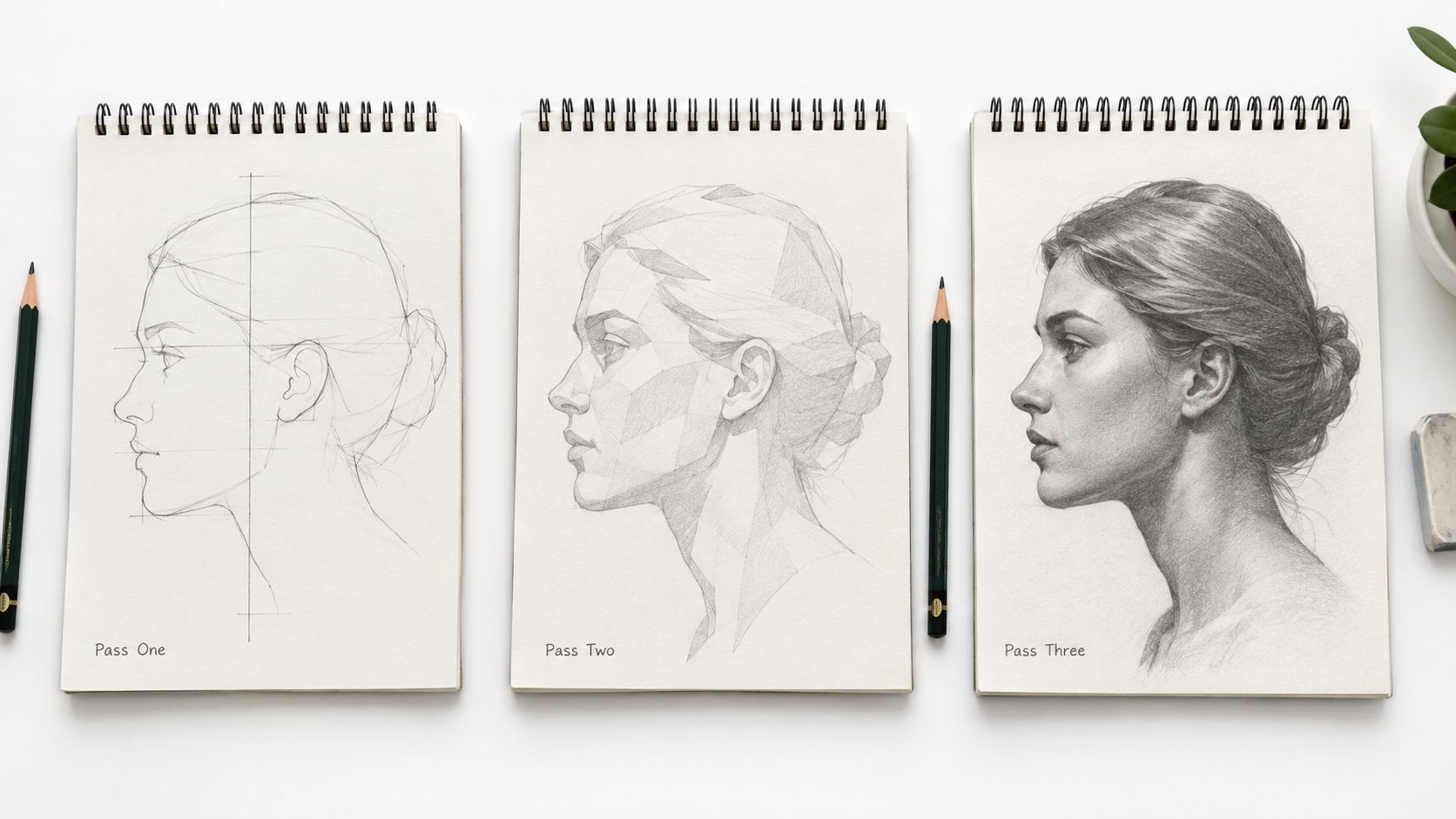 Three sketchbooks showing a three-stage drawing process of a female face in profile with graphite pencils.