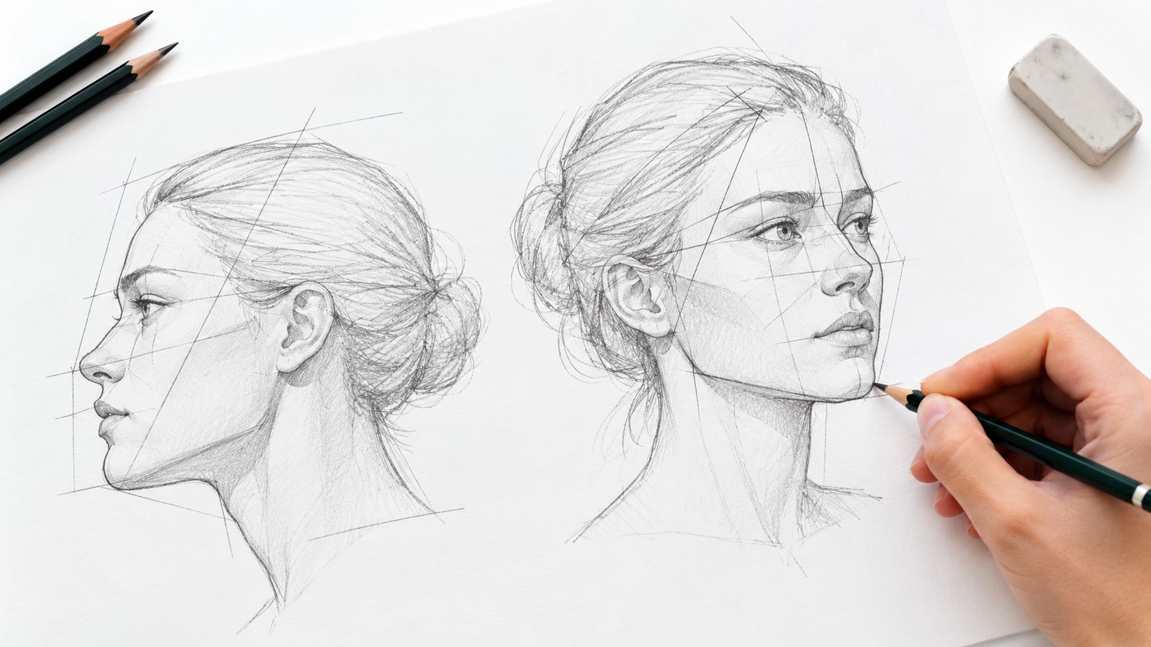 A hand drawing a pencil portrait of a woman in profile next to another sketched head study.