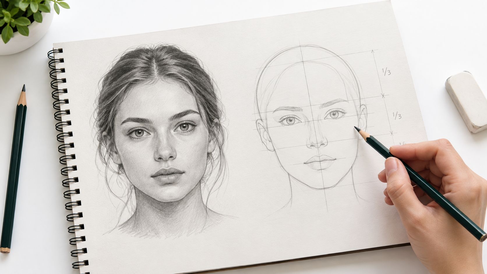 A hand drawing a portrait sketch in a spiral notebook, showing a finished face and construction lines.