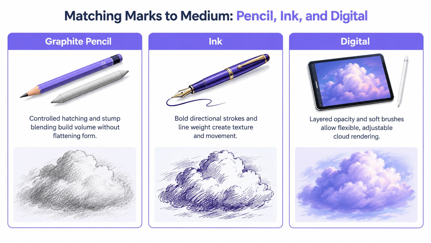 An educational guide comparing three techniques for drawing clouds using graphite pencil, ink, and digital media.