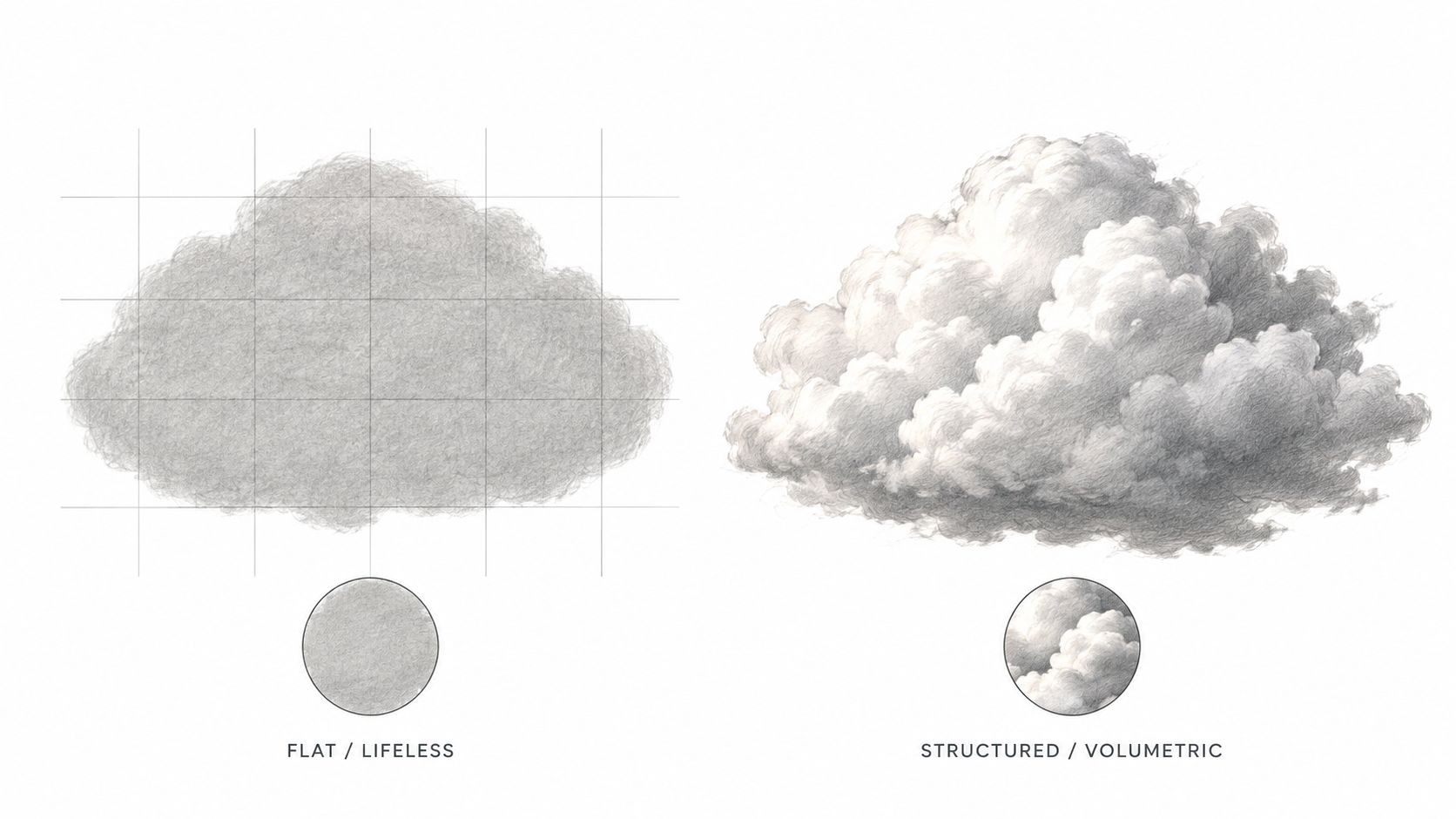 A pencil sketch comparison showing a flat, lifeless cloud versus a detailed, structured, volumetric cloud.