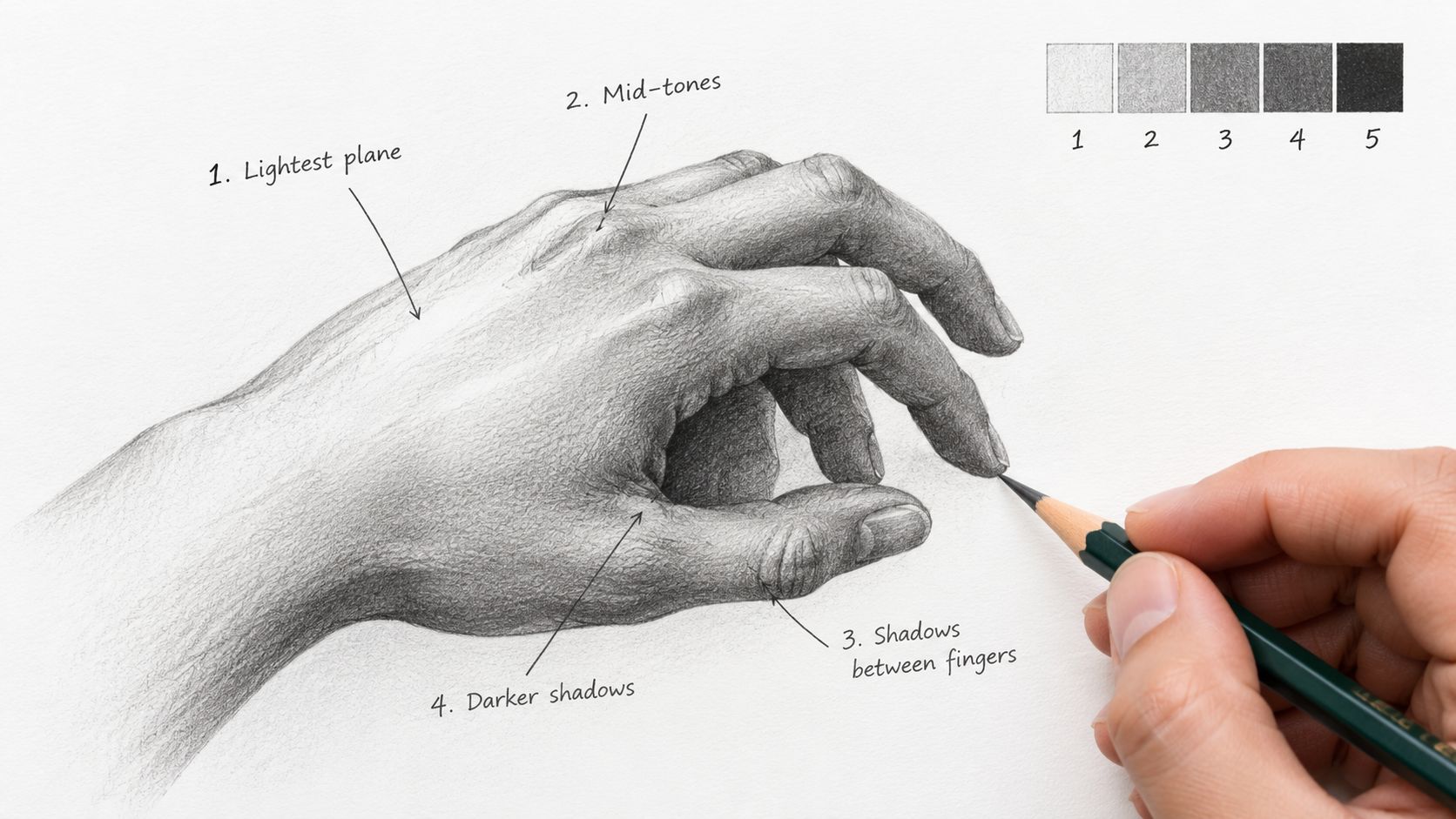 A detailed pencil drawing of a human hand showing shading techniques with numbered tonal guides.