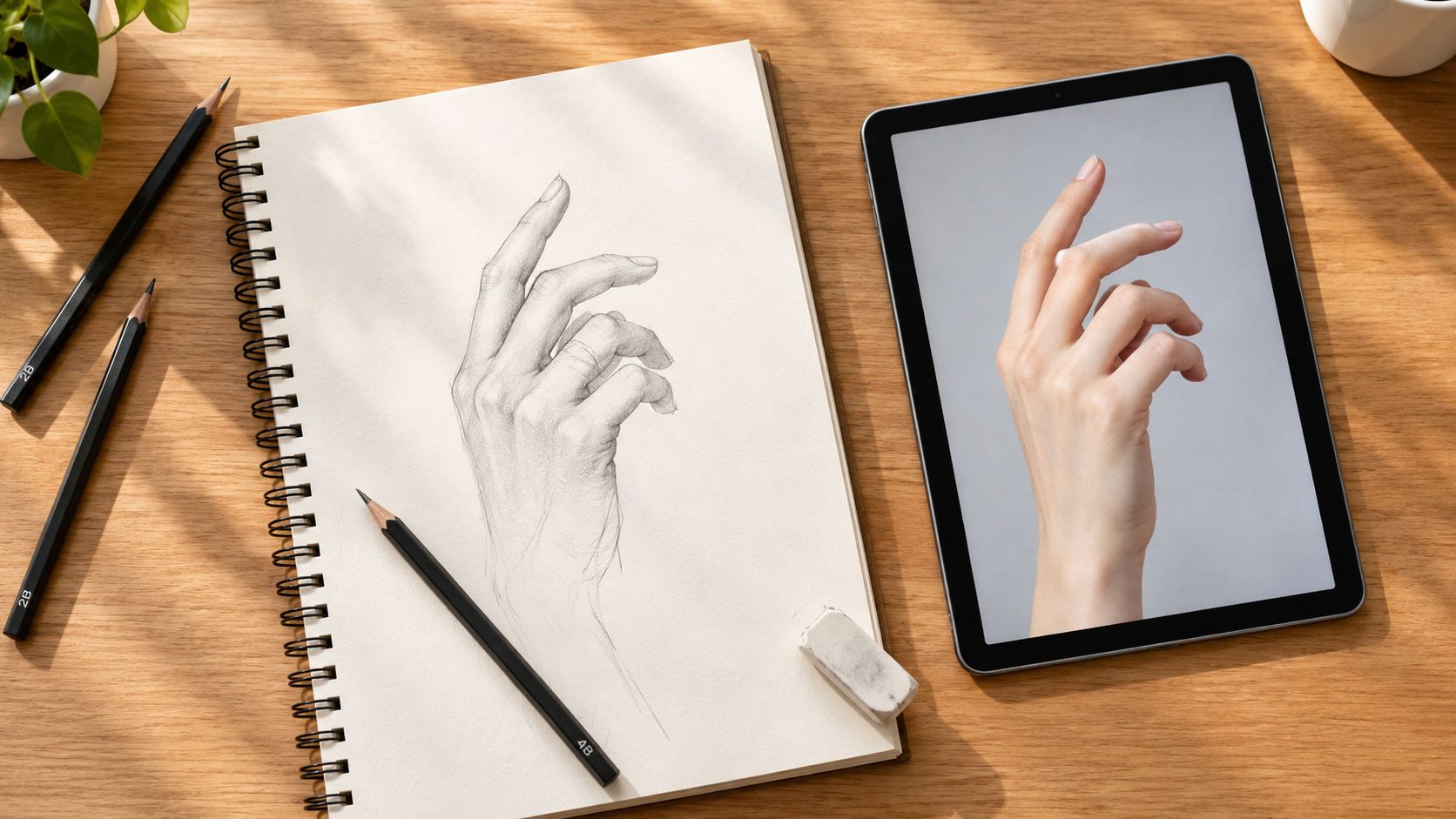 A spiral-bound sketchbook showing a detailed hand drawing next to a tablet displaying a hand photo.