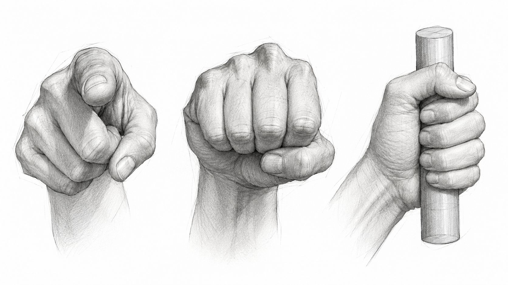 A detailed pencil drawing showing three different hand poses, including pointing, a fist, and holding an object.