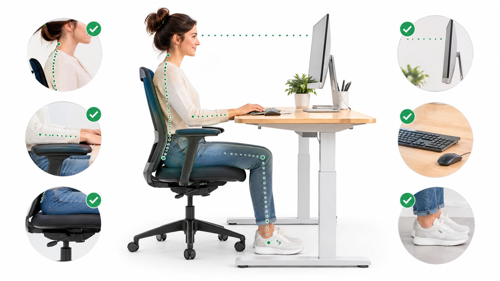 A woman demonstrating the proper ergonomic posture while sitting at a desk with an adjustable computer setup.