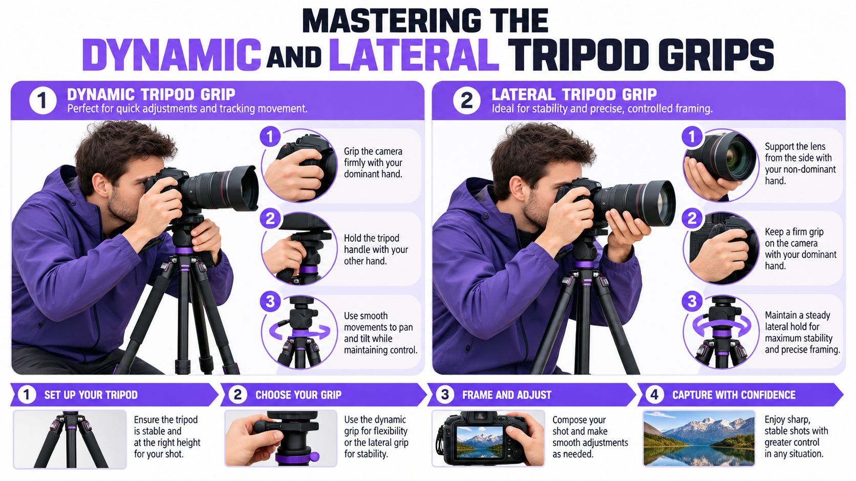 A guide illustrating how to use a tripod with both dynamic and lateral camera gripping techniques.