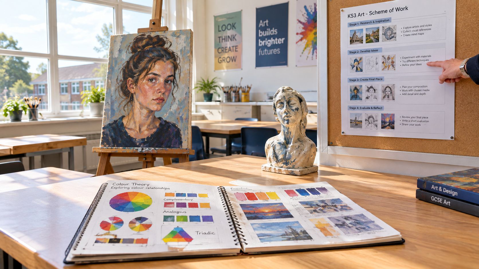 An art classroom featuring a portrait on an easel, a bust sculpture, and a colour theory sketchbook.