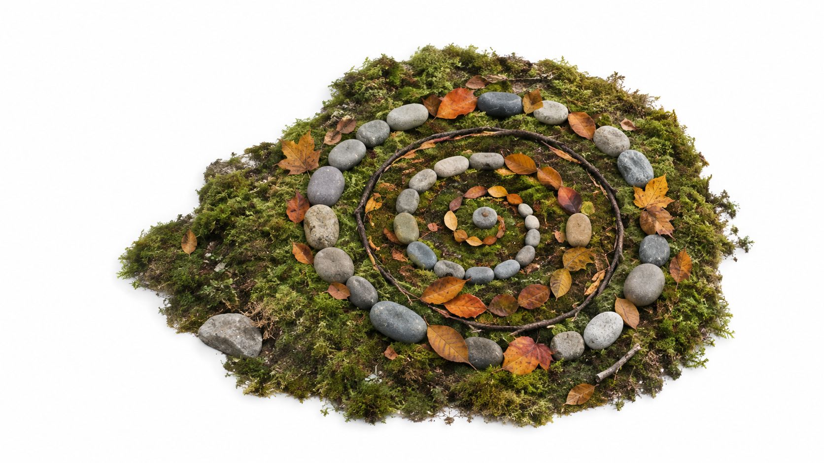 A spiral pattern made of smooth gray stones, fallen leaves, and sticks resting on green moss.