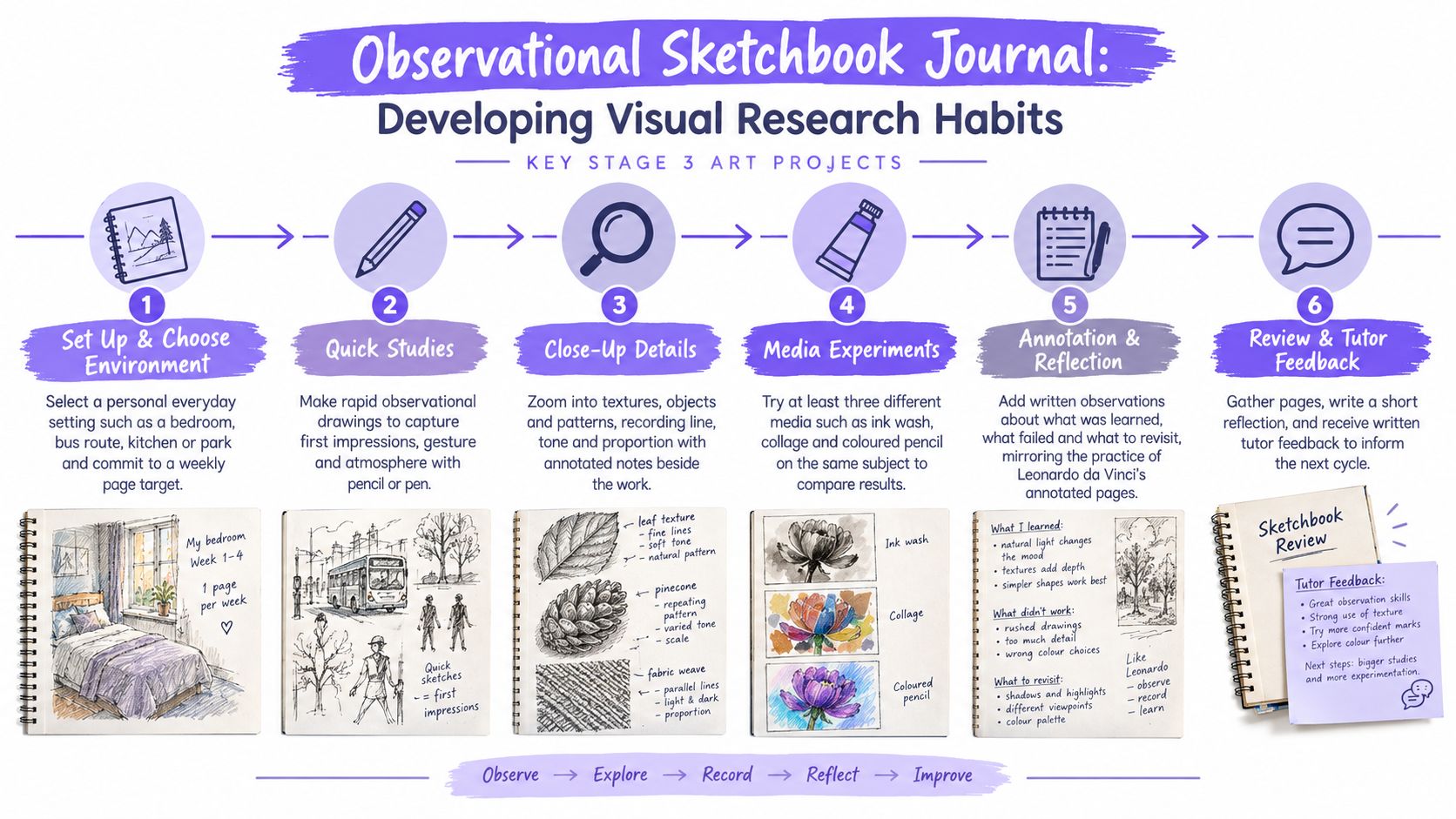A six-step educational infographic illustrating the process of developing observational sketchbook habits for Key Stage 3 art students.