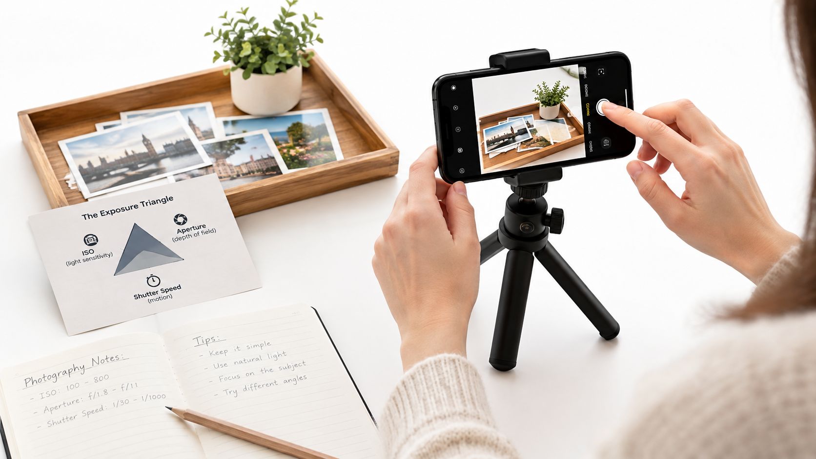 A person setting up a smartphone on a small tripod to photograph photos on a desk.