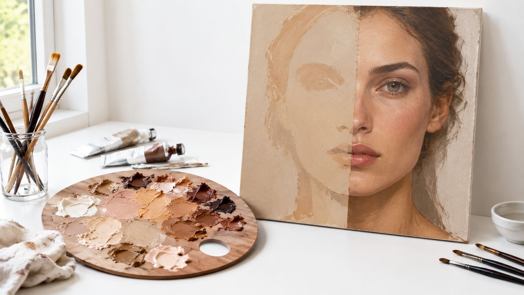 A painting of a woman half-finished on a canvas alongside a wooden palette with skin tone paints.