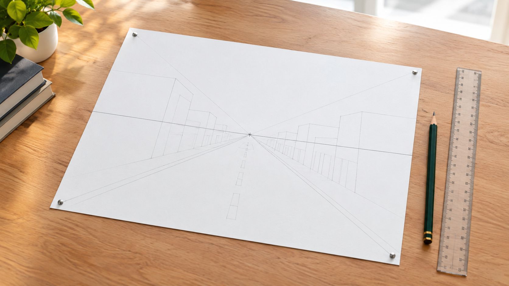 A perspective drawing of city street buildings on a white paper on a wooden desk with tools.